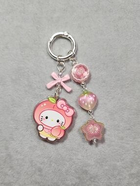 Pink Cute Hello Kitty Peach Keychain with Bow and Charm